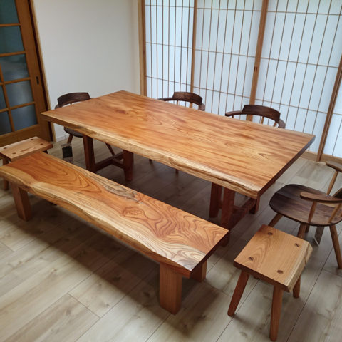 一枚板ケヤキのダイニングテーブルセット